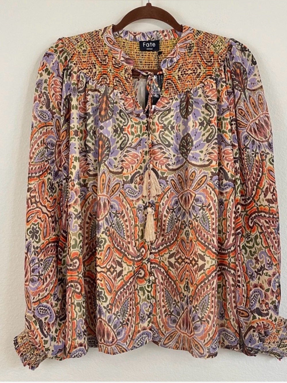 NEW Fate Paisley‎ Chiffon Tie Neck Smocked Yoke Poet Sleeves Blouse Size M